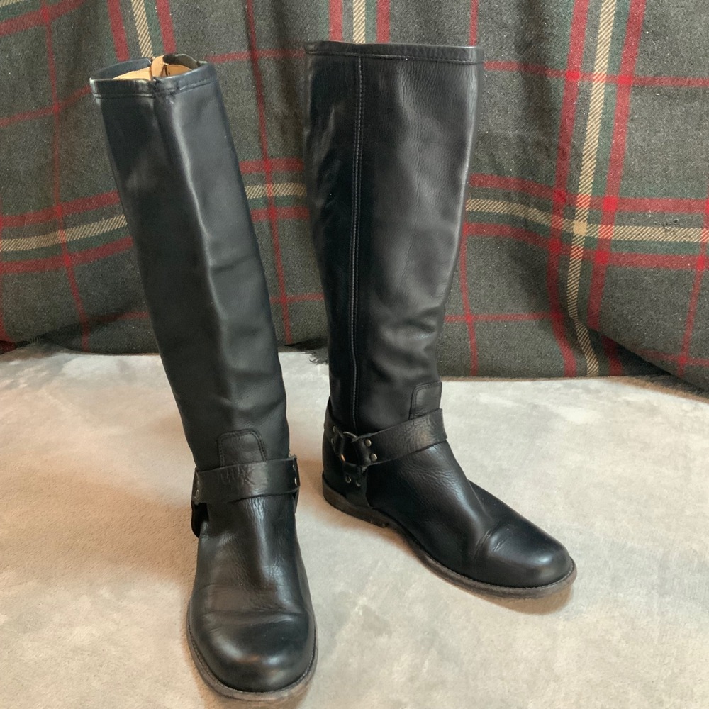 Frye Melissa Harness Black Leather Tall Riding Boots Women 8 Moto Equestrian